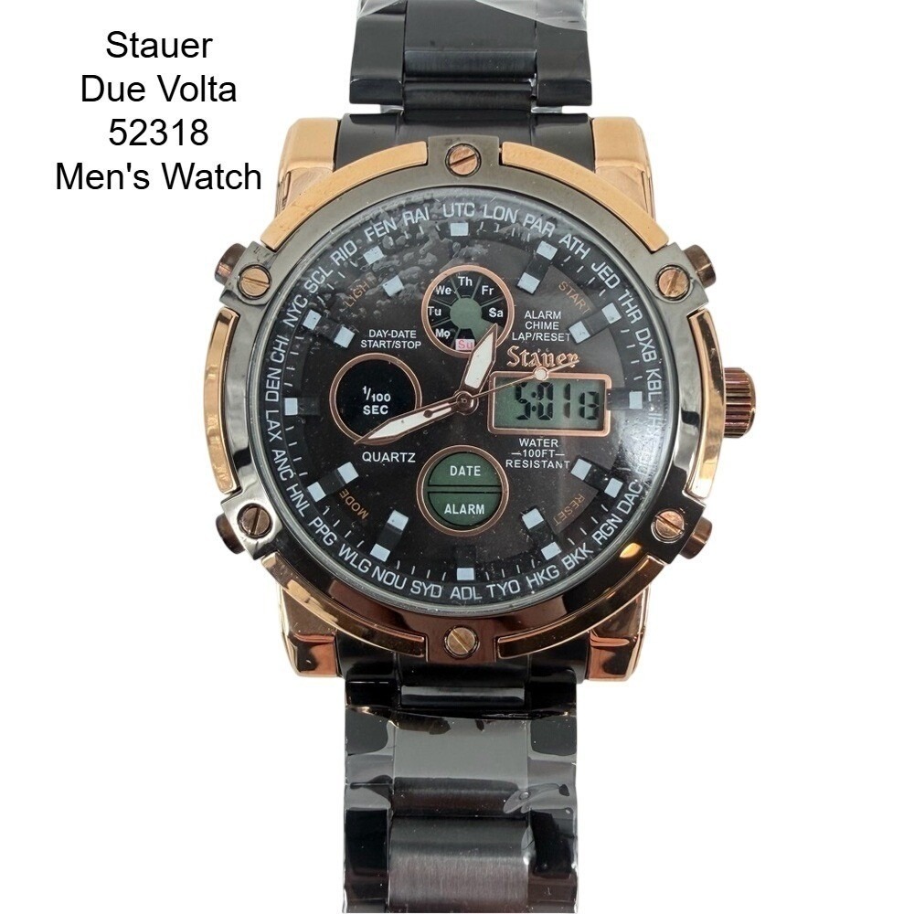 Stauer Due Volta 52318 Mens Watch Rose Gold Black Stainless Steel Analog Digital
